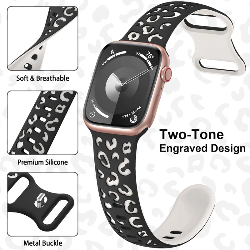Engraved Leopard Print Silicone Apple Watch Band 10 Straps 42/46mm 44mm 45mm 38/40/41mm Series 987SE654321 Ultra 2 49mm