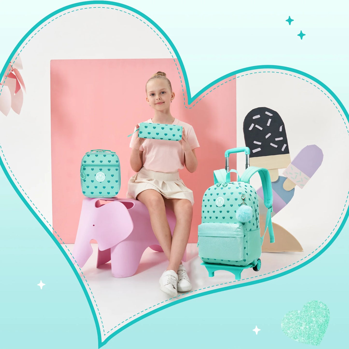 Cute 3PCS Rolling Backpack For Girls - Ribbon Bow Girls Trolley Backpack