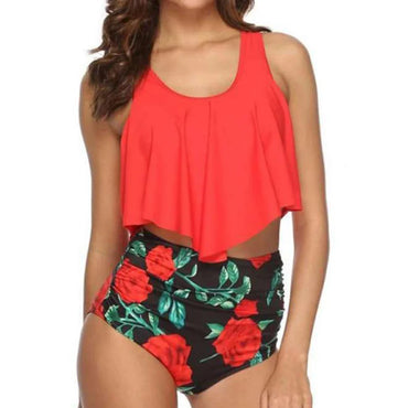 Beautiful Ruffle Hem Top & High Waist Mixed Print Tankini Swimsuit