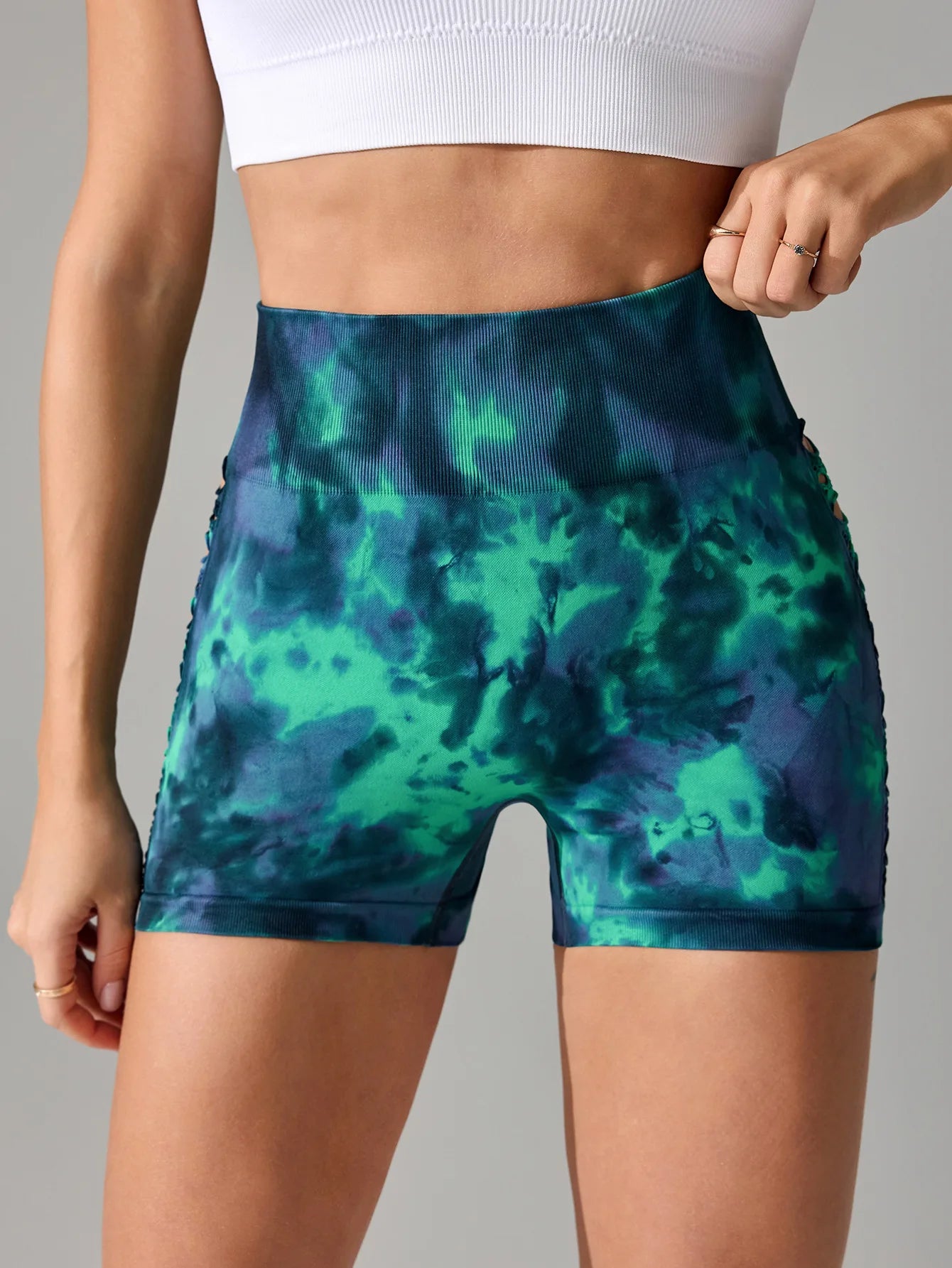 Sexy High Waist Tie Dye Hollow Out Side Women's Yoga Shorts