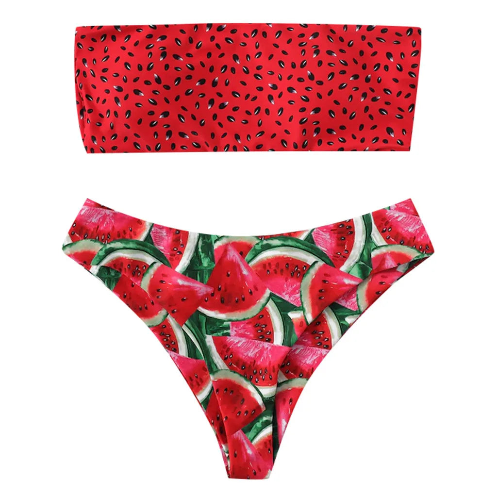 Cute Watermelon Print Strapless Top & High Cut Bikini Women's Swimsuit