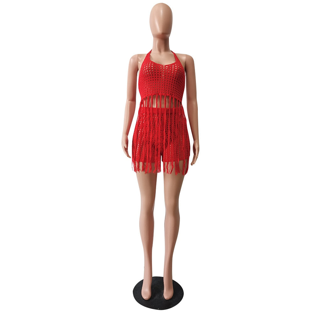 Beautiful 2 Piece Crochet Fringe Top & Shorts Beach Cover-Up Set