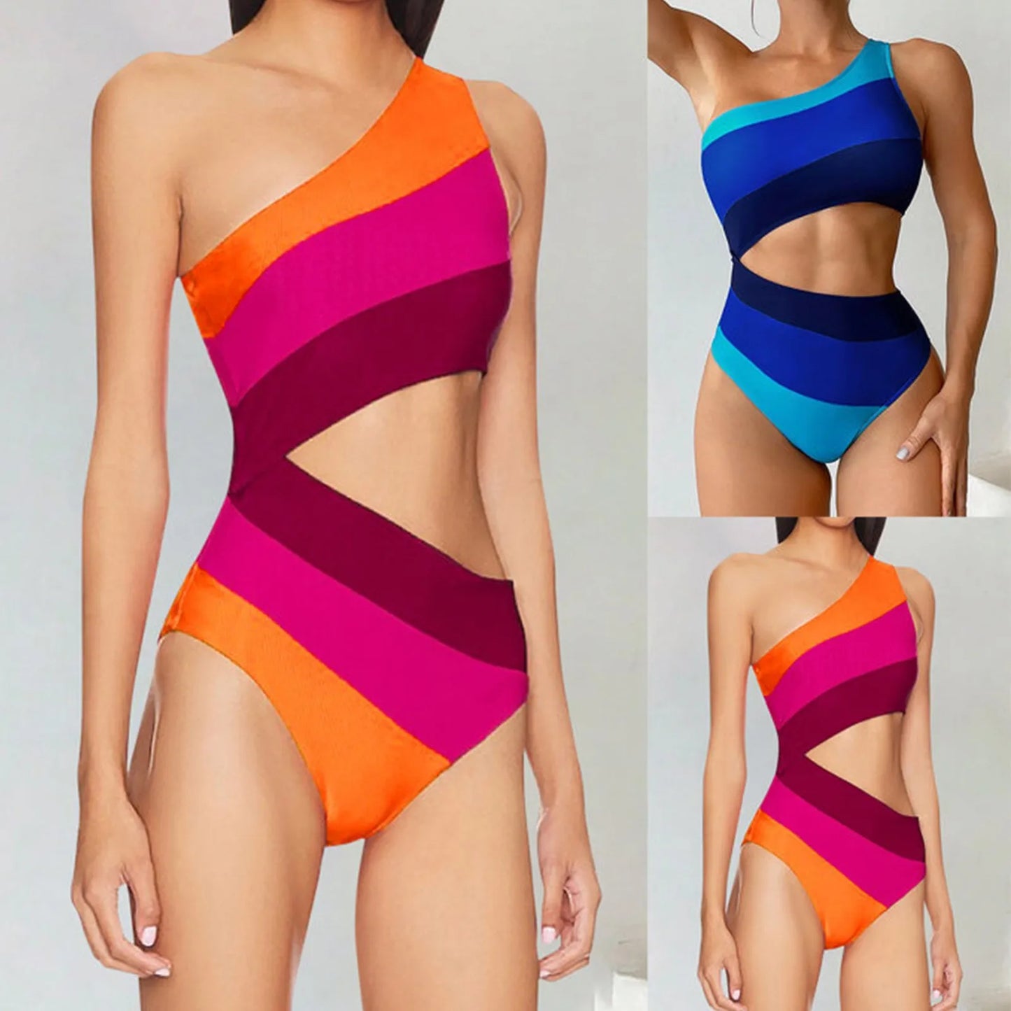 Sexy Cutout Color Block One Shoulder Monokini Swimsuit