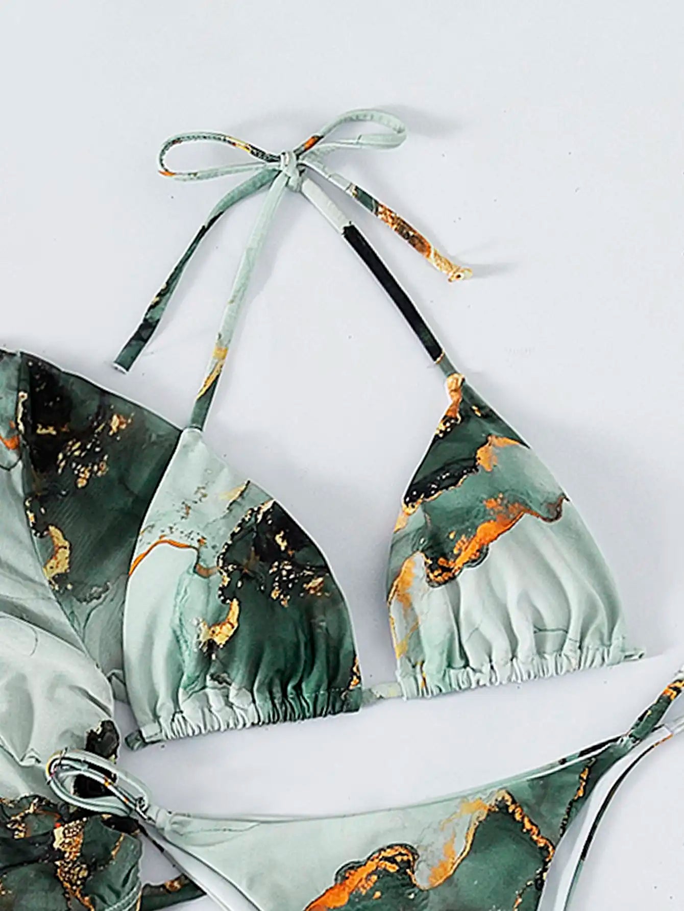 Sexy Green Marble Print 4 Pcs Halter Bikini, Coverup Crop Top & Skirt Set