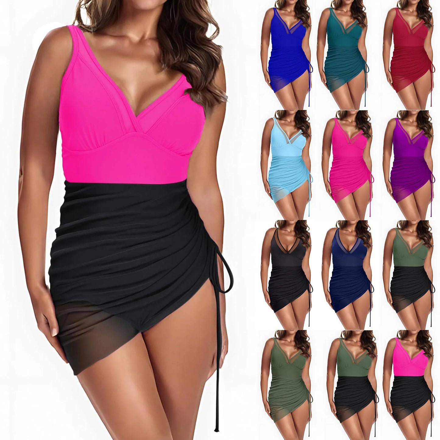 Beautiful Mesh Patchwork Deep V-Neck Push Up Monokini Swimsuit Dress