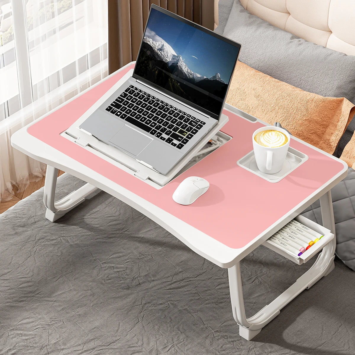 Foldable Laptop Bed Desk - Portable Adjustable Height Foldable Laptop Bed Desk with Wooden Surface