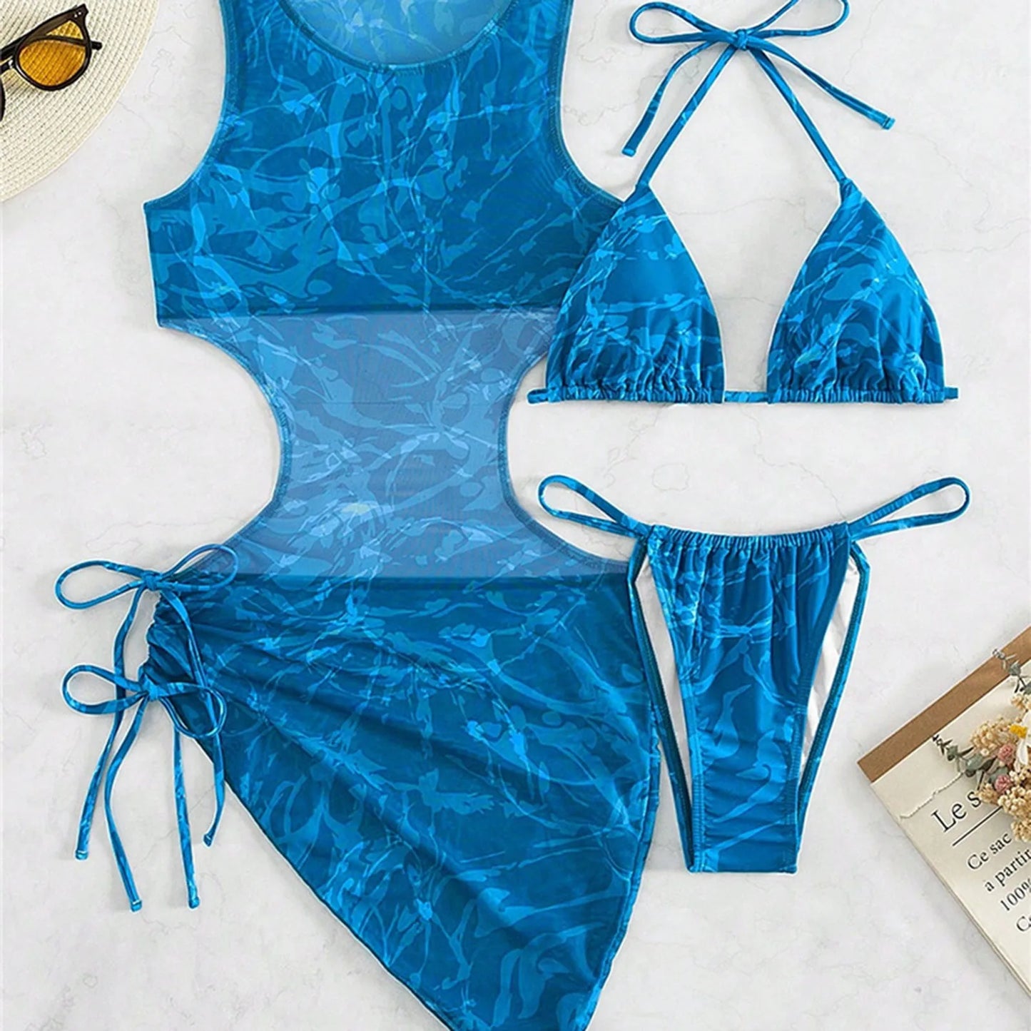 Sexy 3 Pcs Print Bikini and Cutout Coverup Mini Dress Beach Set
