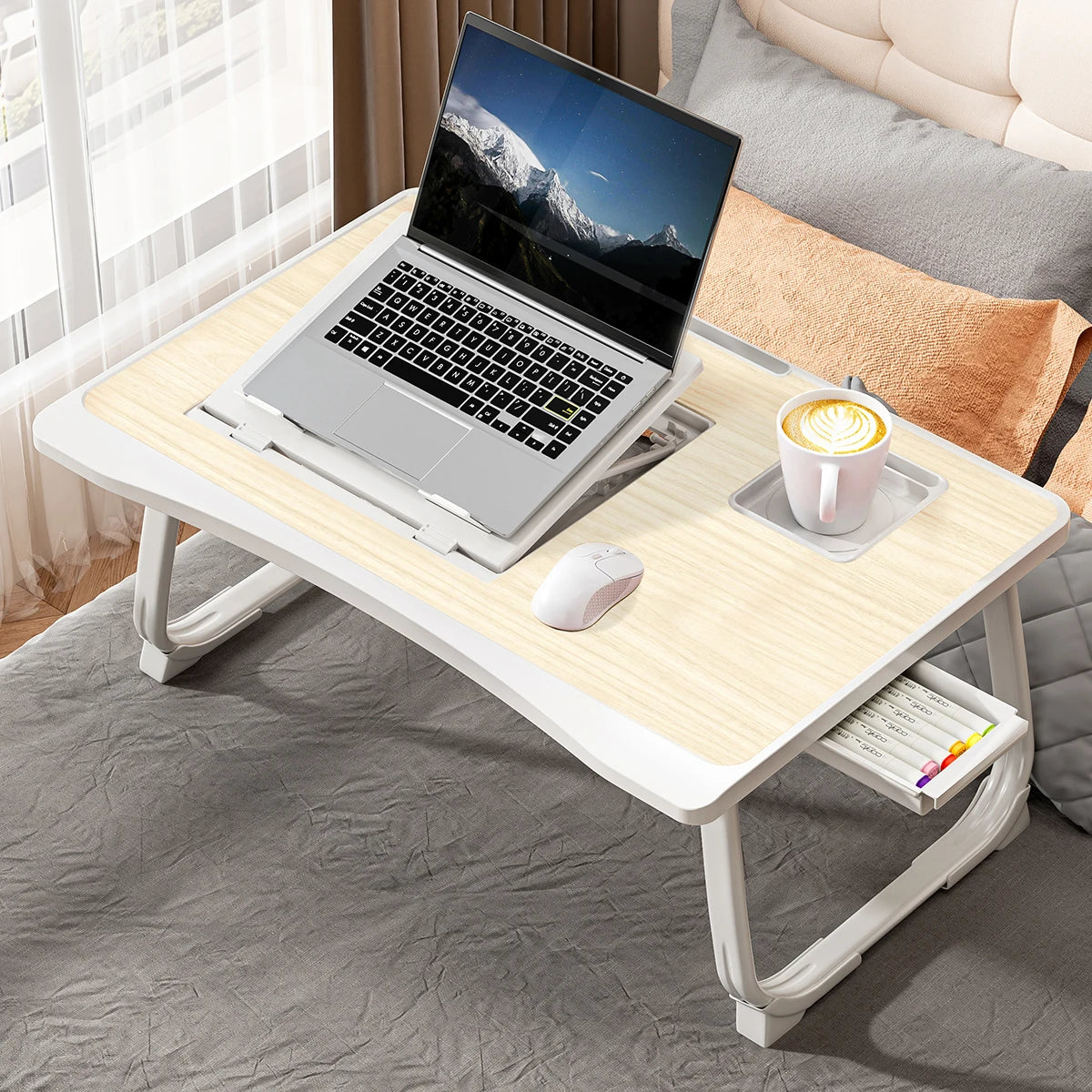 Foldable Laptop Bed Desk - Portable Adjustable Height Foldable Laptop Bed Desk with Wooden Surface