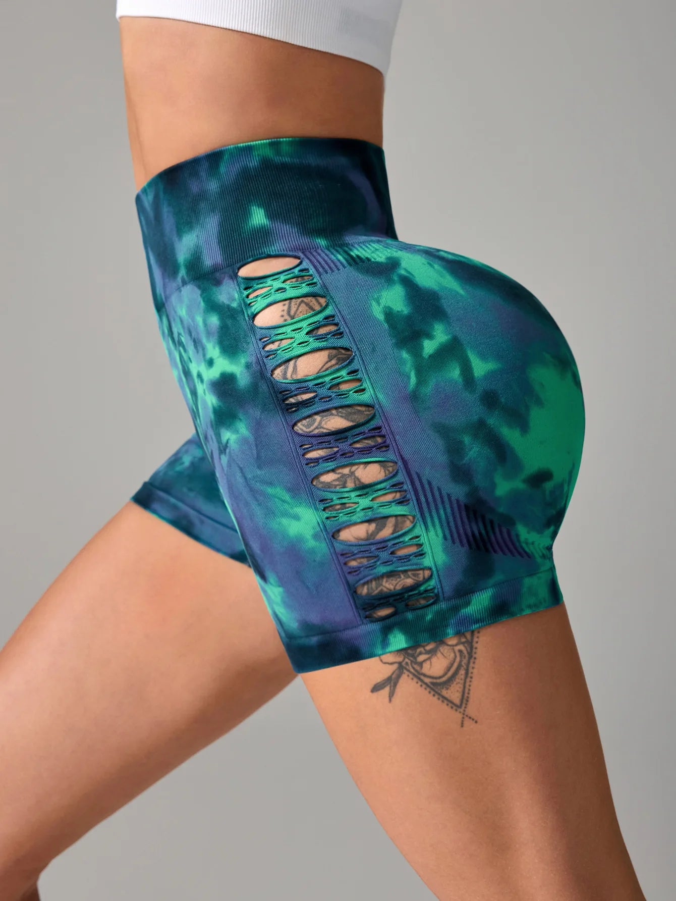 Sexy High Waist Tie Dye Hollow Out Side Women's Yoga Shorts