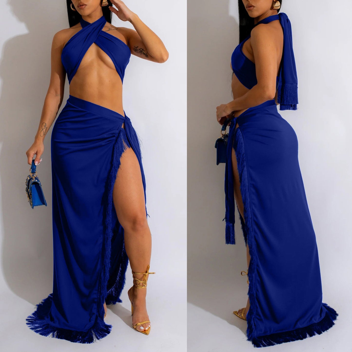 Sexy Fringe 2 Piece Wrap Crop Top & Long Wrap Skirt Set