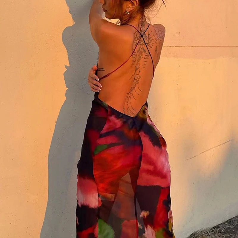 Sexy Women's Fashion Backless Long Mixed Print Summer Dress