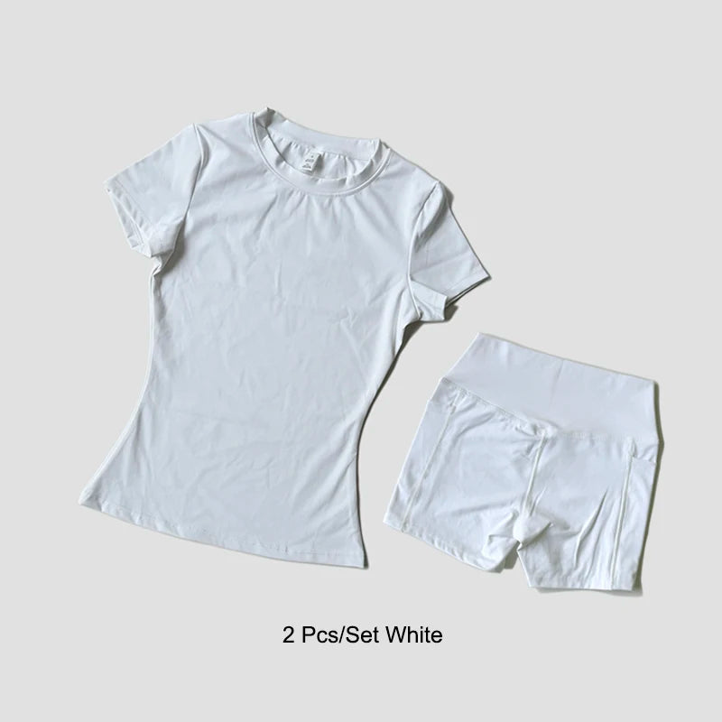 Cute Women's Seamless Short Sleeve Top & Gym Shorts Set