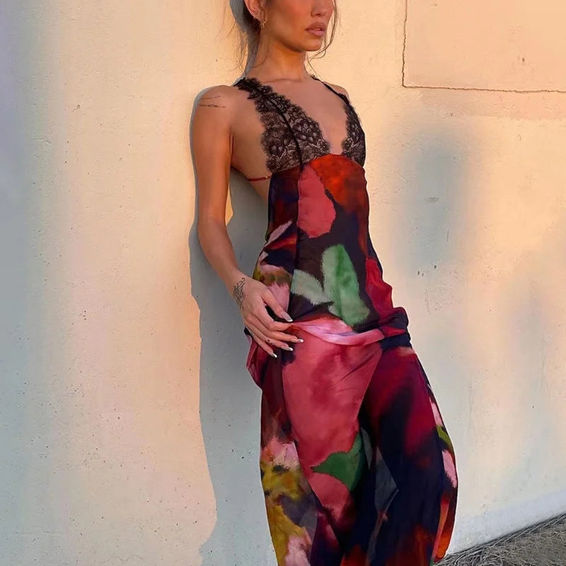 Sexy Women's Fashion Backless Long Mixed Print Summer Dress