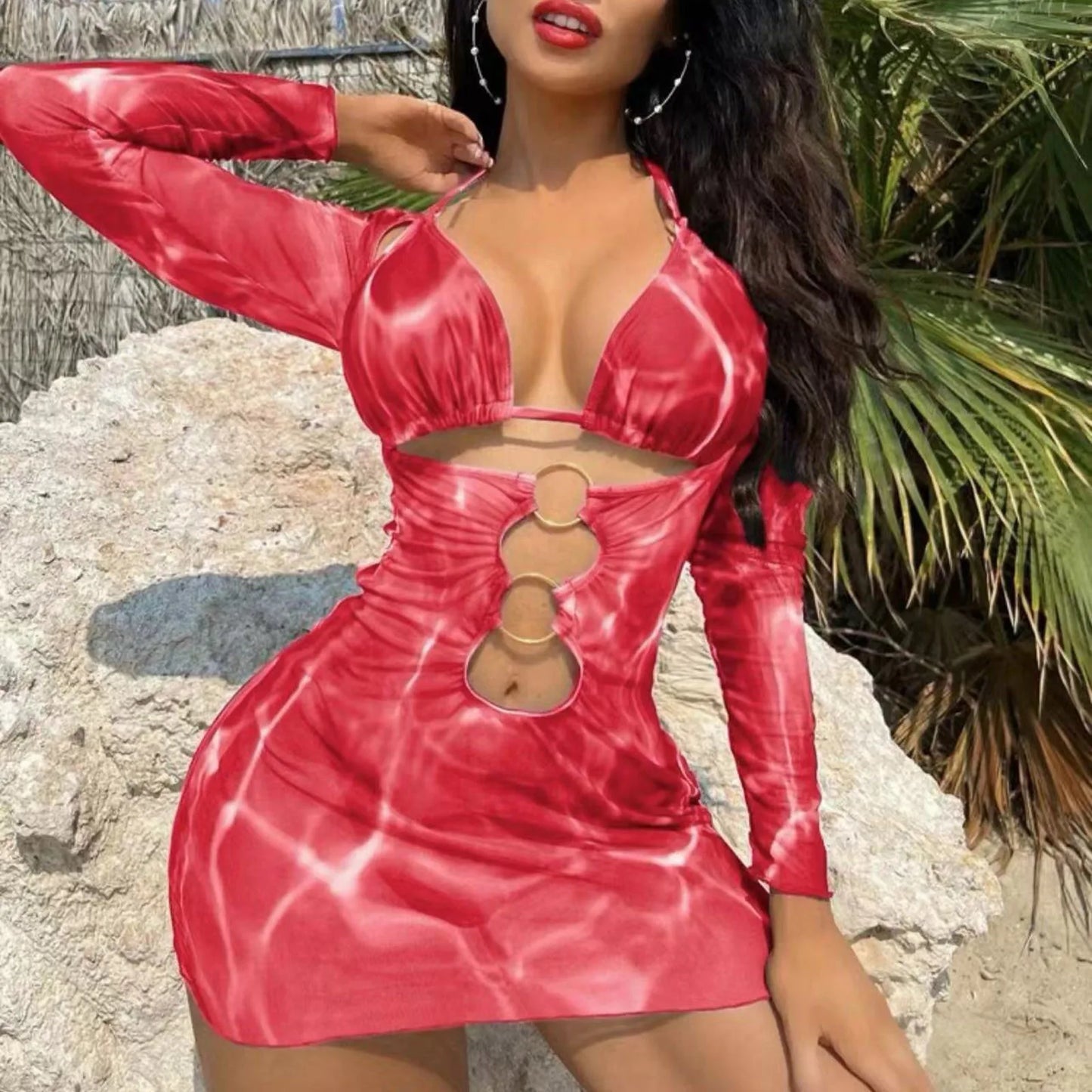 Sexy Print Hollow Out Women's 3 Pcs Cover Dress & Bikini Set