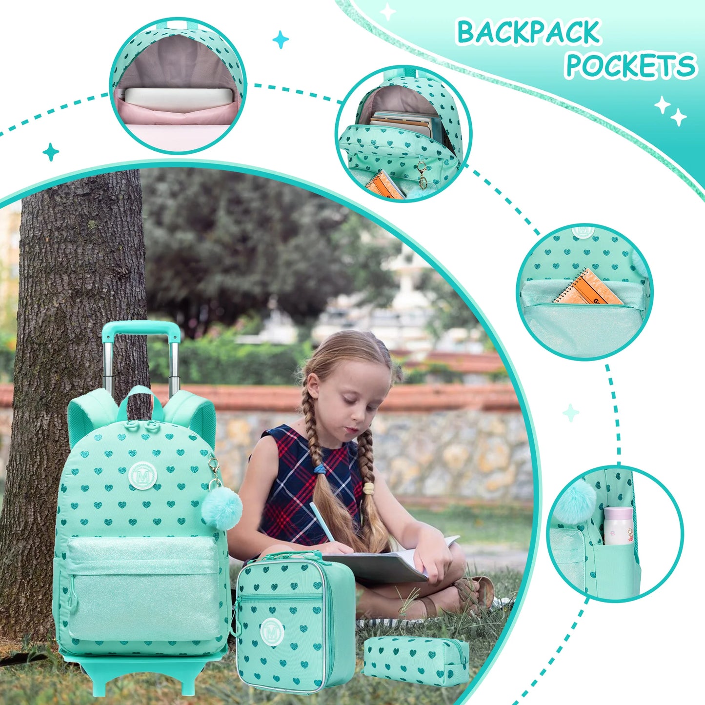 Cute 3PCS Rolling Backpack For Girls - Ribbon Bow Girls Trolley Backpack