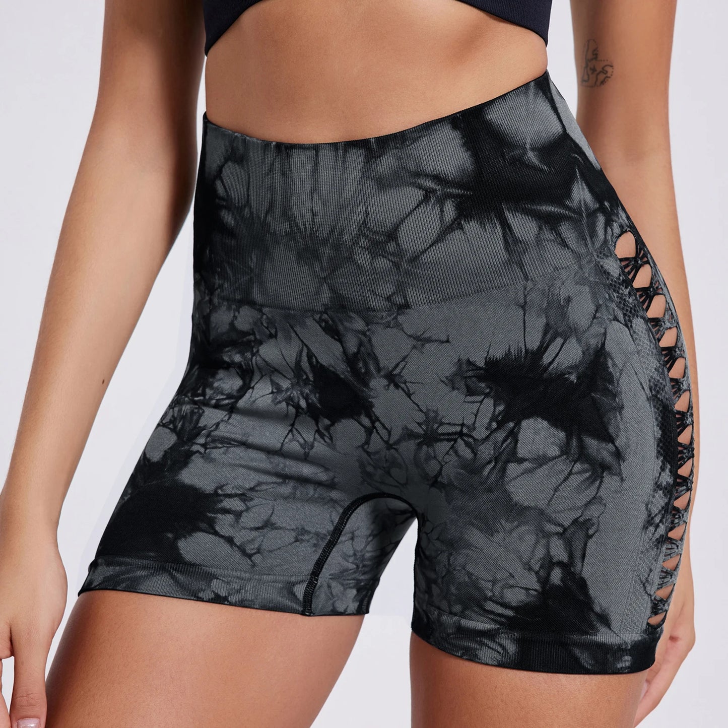Sexy Tie Dye Hollow Out Side Seamless women's Yoga Shorts