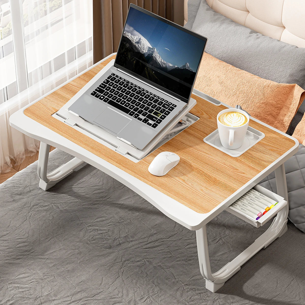 Foldable Laptop Bed Desk - Portable Adjustable Height Foldable Laptop Bed Desk with Wooden Surface