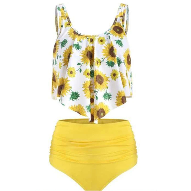 Beautiful Ruffle Hem Top & High Waist Mixed Print Tankini Swimsuit
