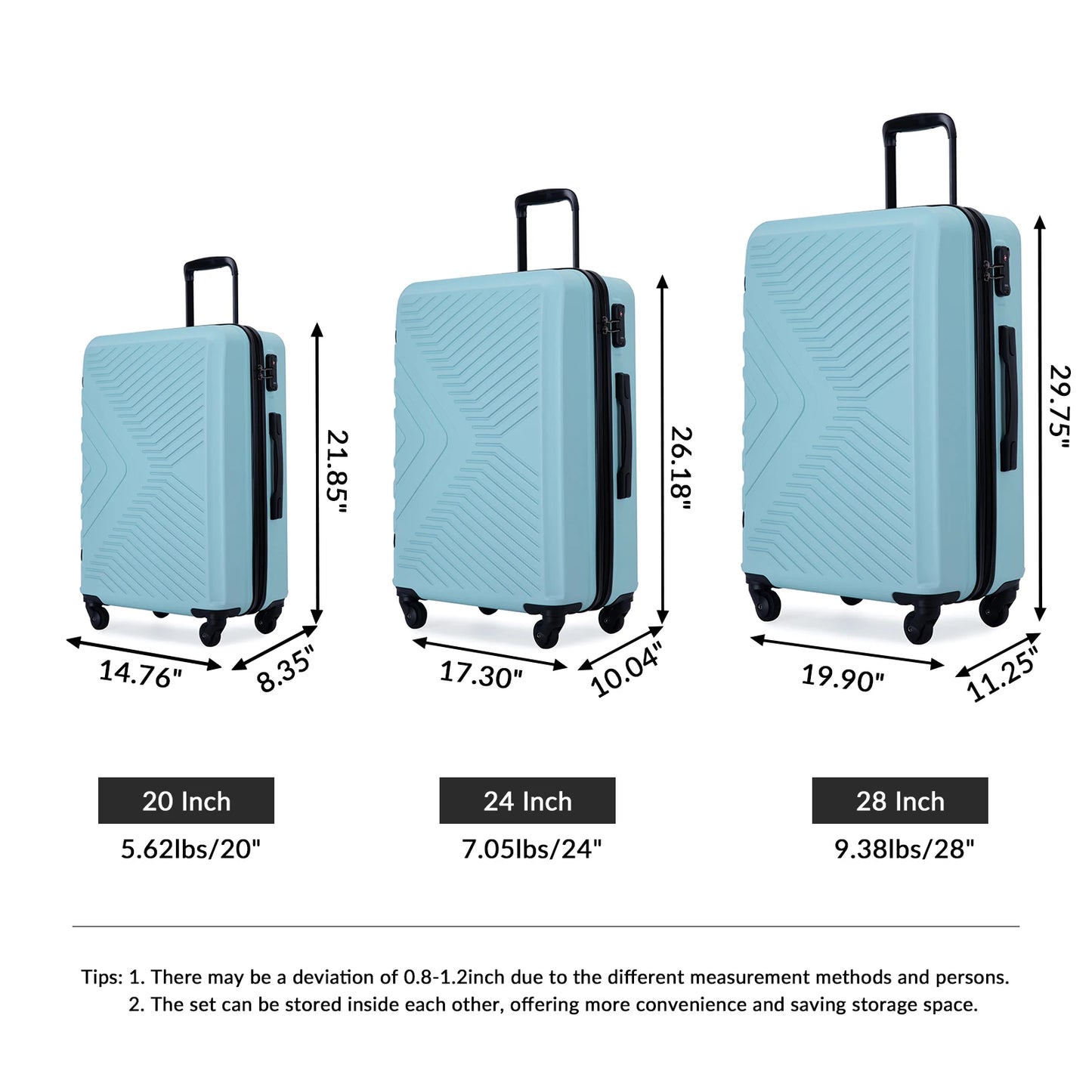 Beautiful 3 Pcs Luggage Set - Double Spinner Wheels TSA Lock Carry-on Luggage (20inch 24inch 28inch)