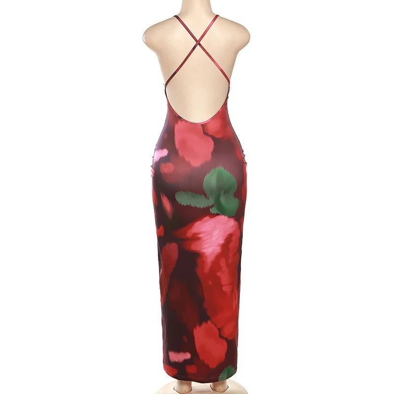 Sexy Women's Fashion Backless Long Mixed Print Summer Dress