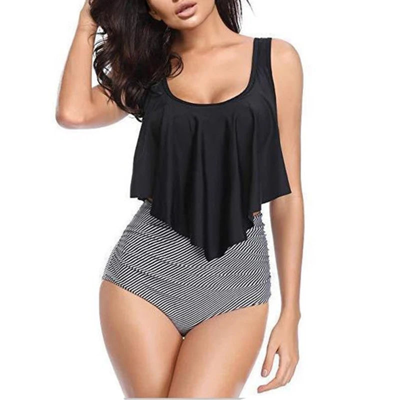 Beautiful Ruffle Hem Top & High Waist Mixed Print Tankini Swimsuit