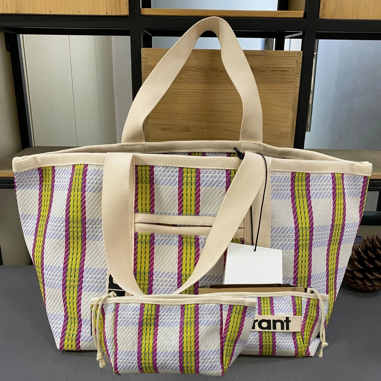 Casual Striped Design Woven Straw Travel Tote Bag