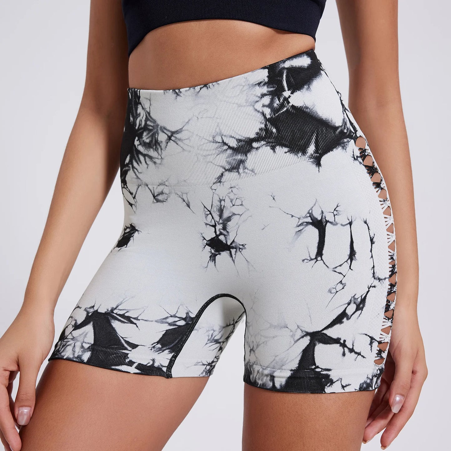 Sexy Tie Dye Hollow Out Side Seamless women's Yoga Shorts