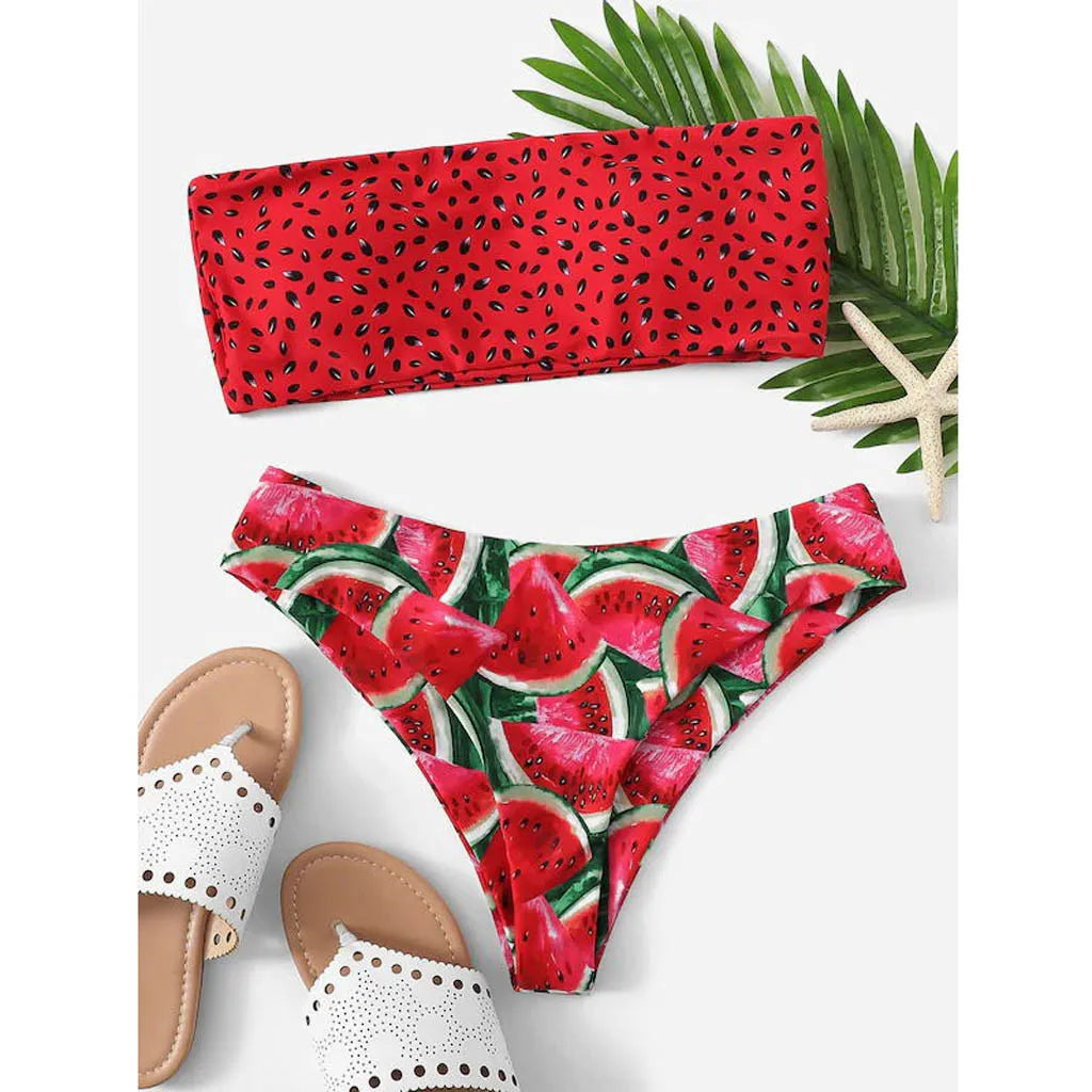 Cute Watermelon Print Strapless Top & High Cut Bikini Women's Swimsuit