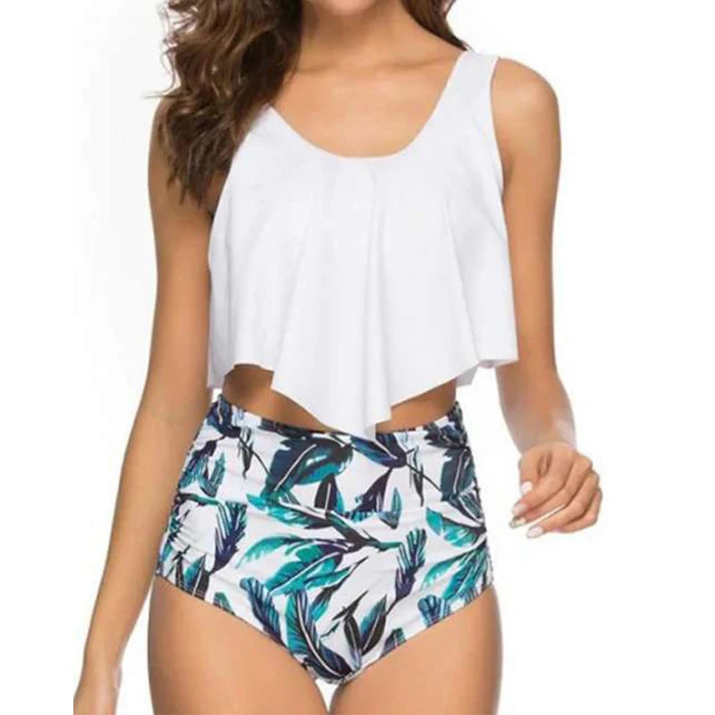 Beautiful Ruffle Hem Top & High Waist Mixed Print Tankini Swimsuit