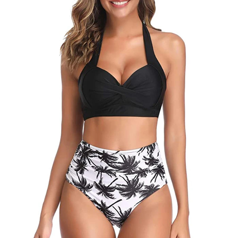 Sexy Padded Push-Up Bra & High Waisted Floral Print Bikini Bottom Women's Swimsuit