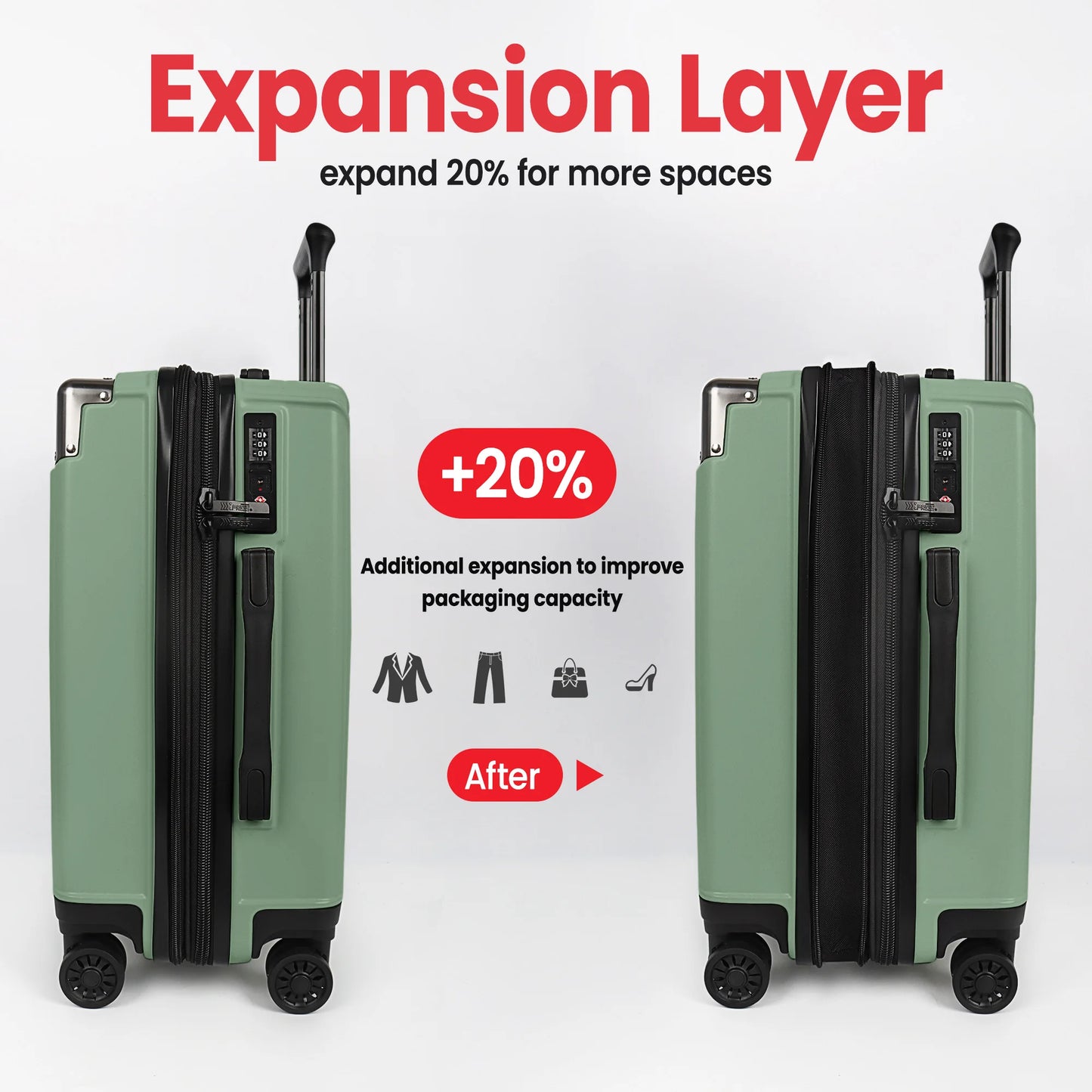 Sleek PP Hard Shell Lightweight Expandable Suitcase Set with Spinner Wheels & TSA Lock - 20"/24"/28"