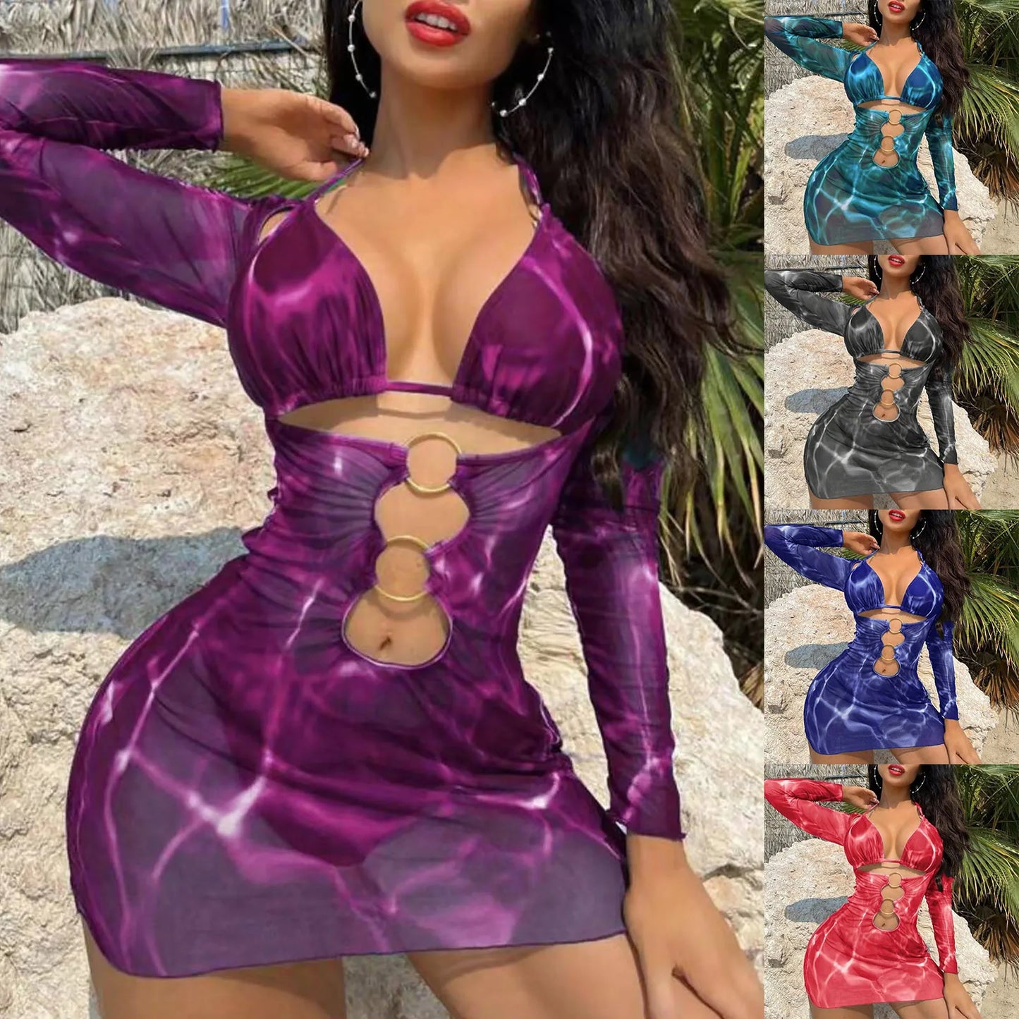 Sexy Print Hollow Out Women's 3 Pcs Cover Dress & Bikini Set