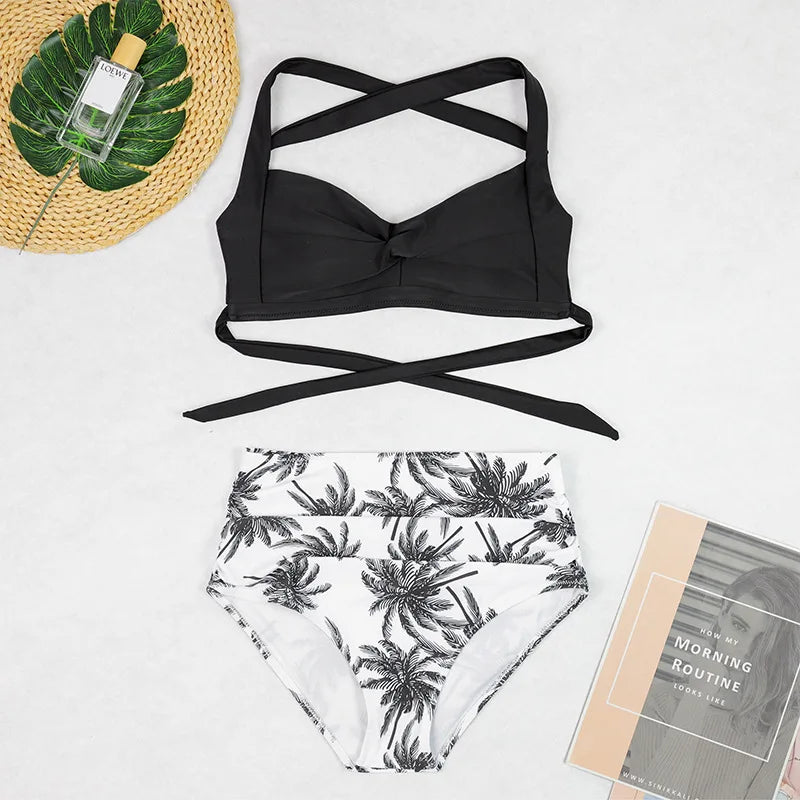 Sexy Padded Push-Up Bra & High Waisted Floral Print Bikini Bottom Women's Swimsuit