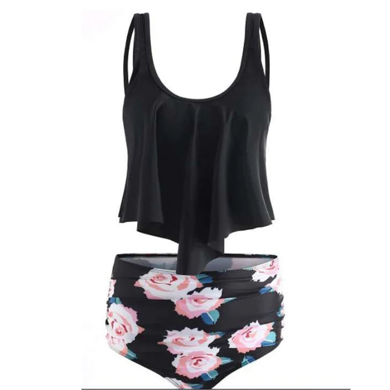Beautiful Ruffle Hem Top & High Waist Mixed Print Tankini Swimsuit