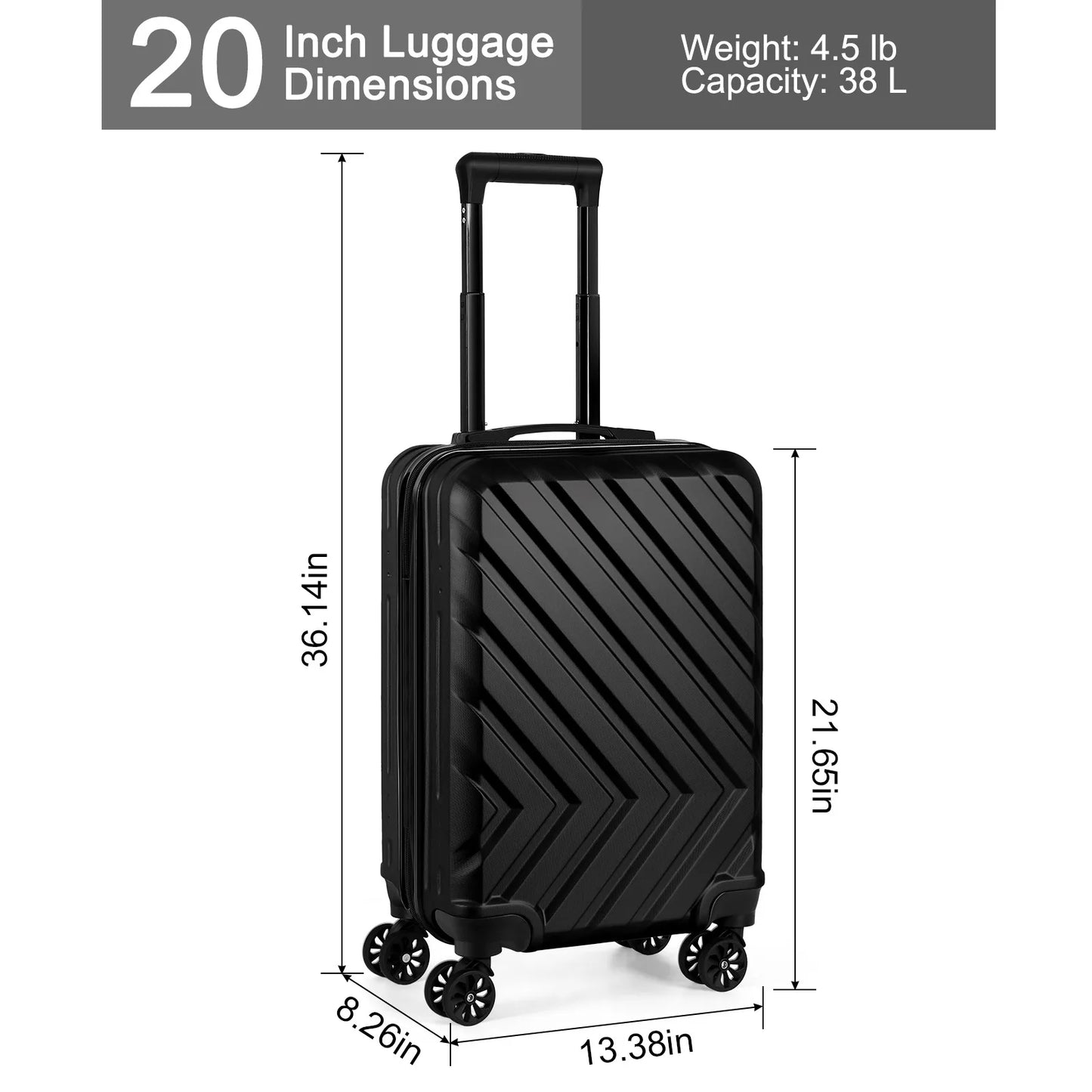 Sleek Stylish Carry-on Suitcase with 20" Handles, Spinner Wheels and TSA Lock