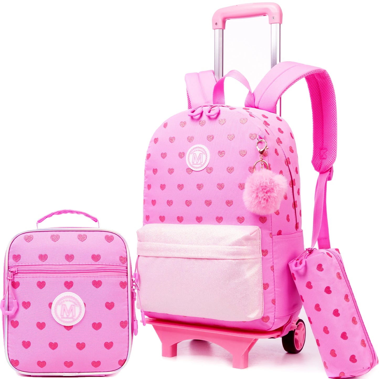 Cute 3PCS Rolling Backpack For Girls - Ribbon Bow Girls Trolley Backpack