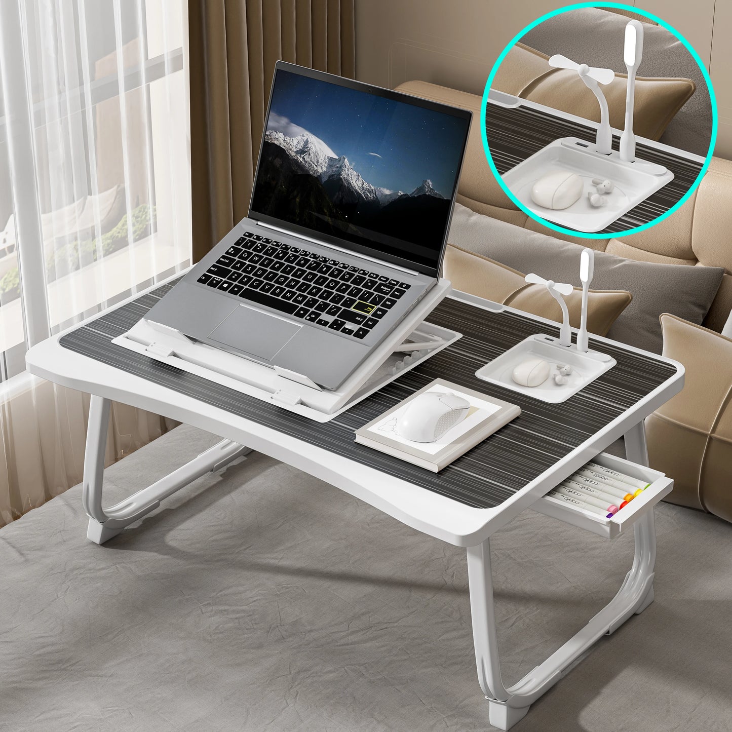 Foldable Laptop Bed Desk - Portable Adjustable Height Foldable Laptop Bed Desk with Wooden Surface