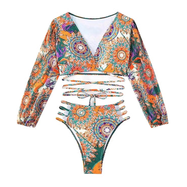 Sexy Vintage Pattern Long Sleep Wrap Top & Bikini Women's Swimsuit