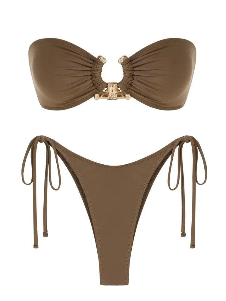 Sexy Strapless Gold Ring Accent Women's String Bikini Swimsuit