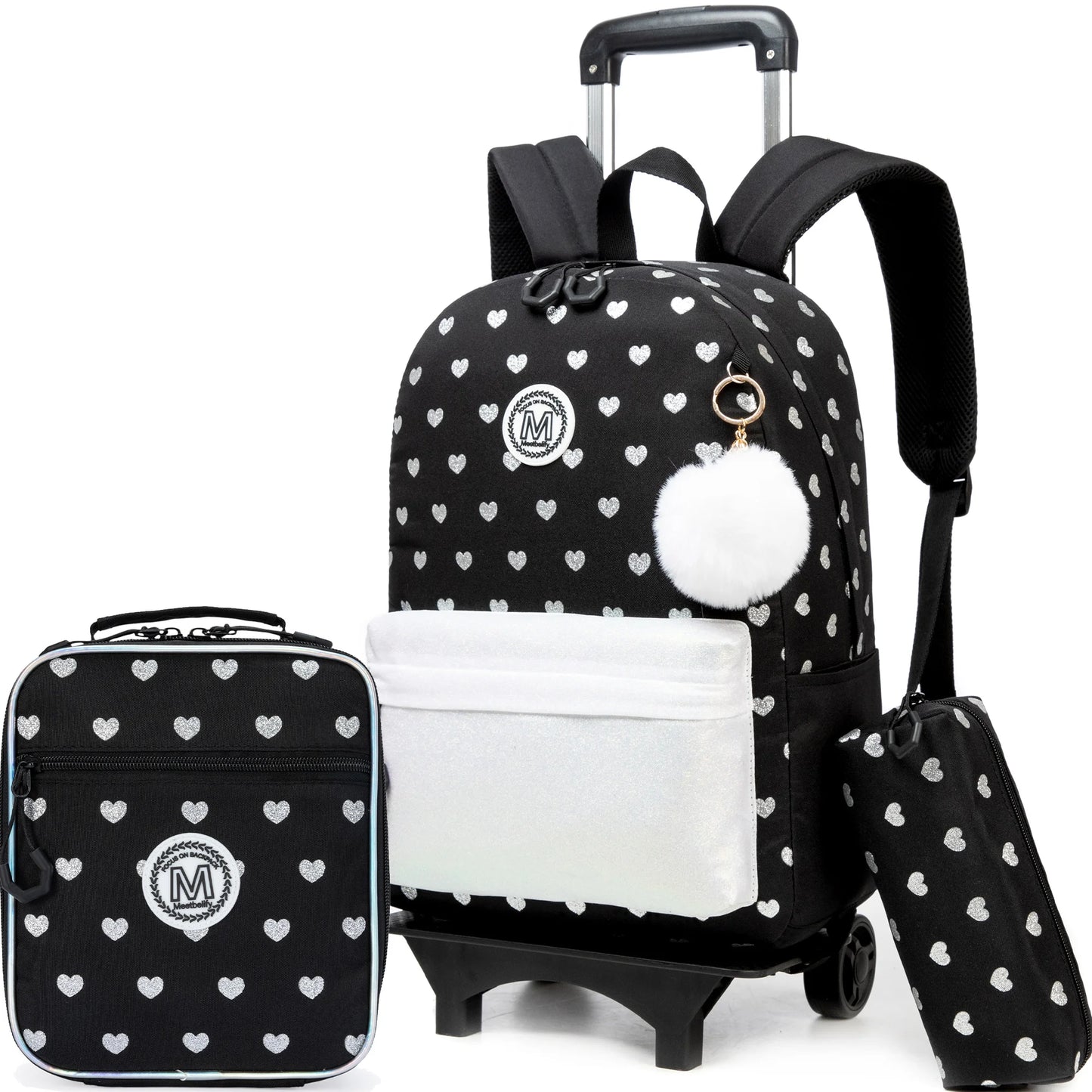 Cute 3PCS Rolling Backpack For Girls - Ribbon Bow Girls Trolley Backpack