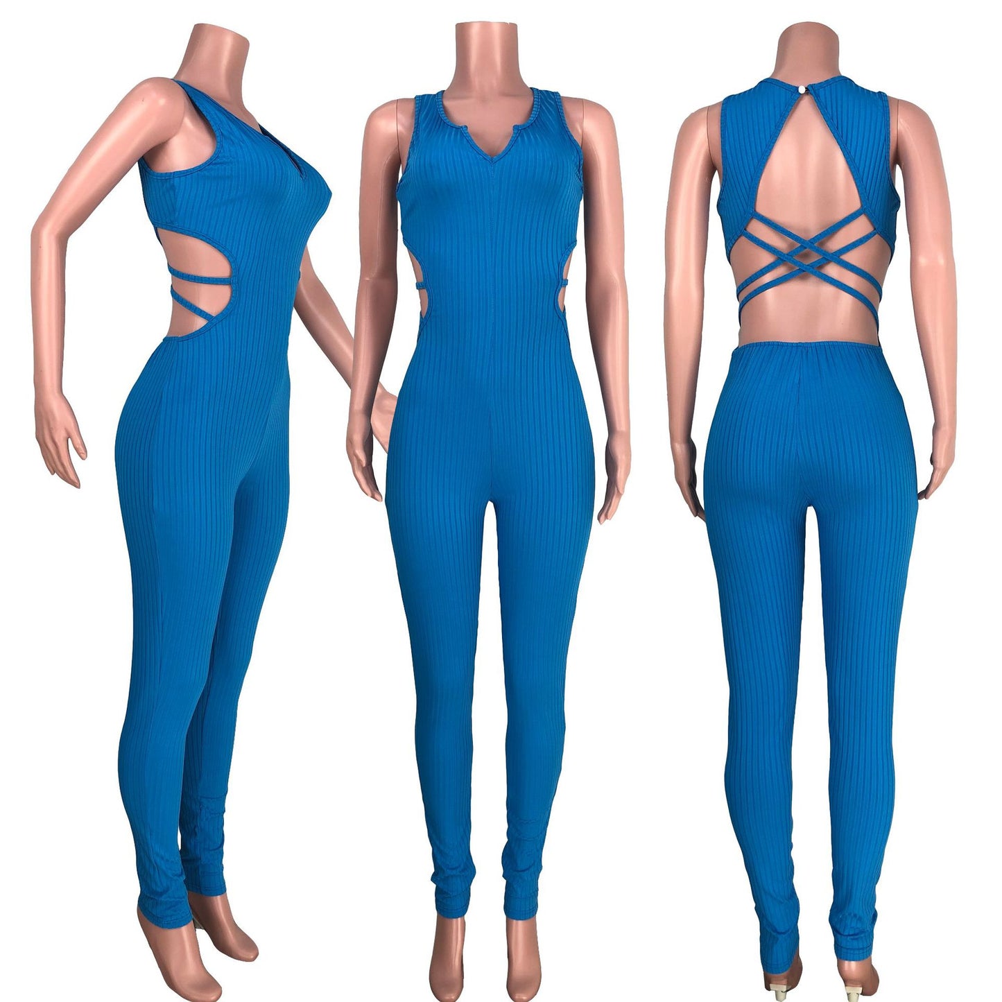 Sexy Solid V Neck Halter Long Backless Jumpsuit