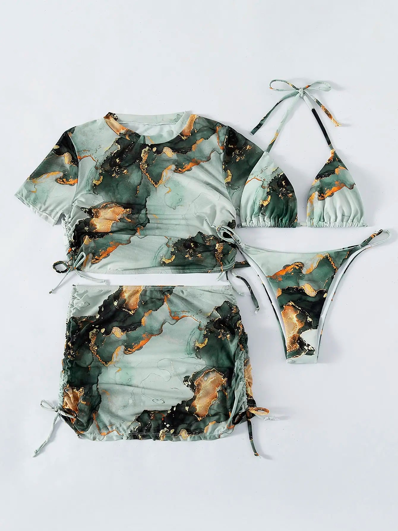 Sexy Green Marble Print 4 Pcs Halter Bikini, Coverup Crop Top & Skirt Set