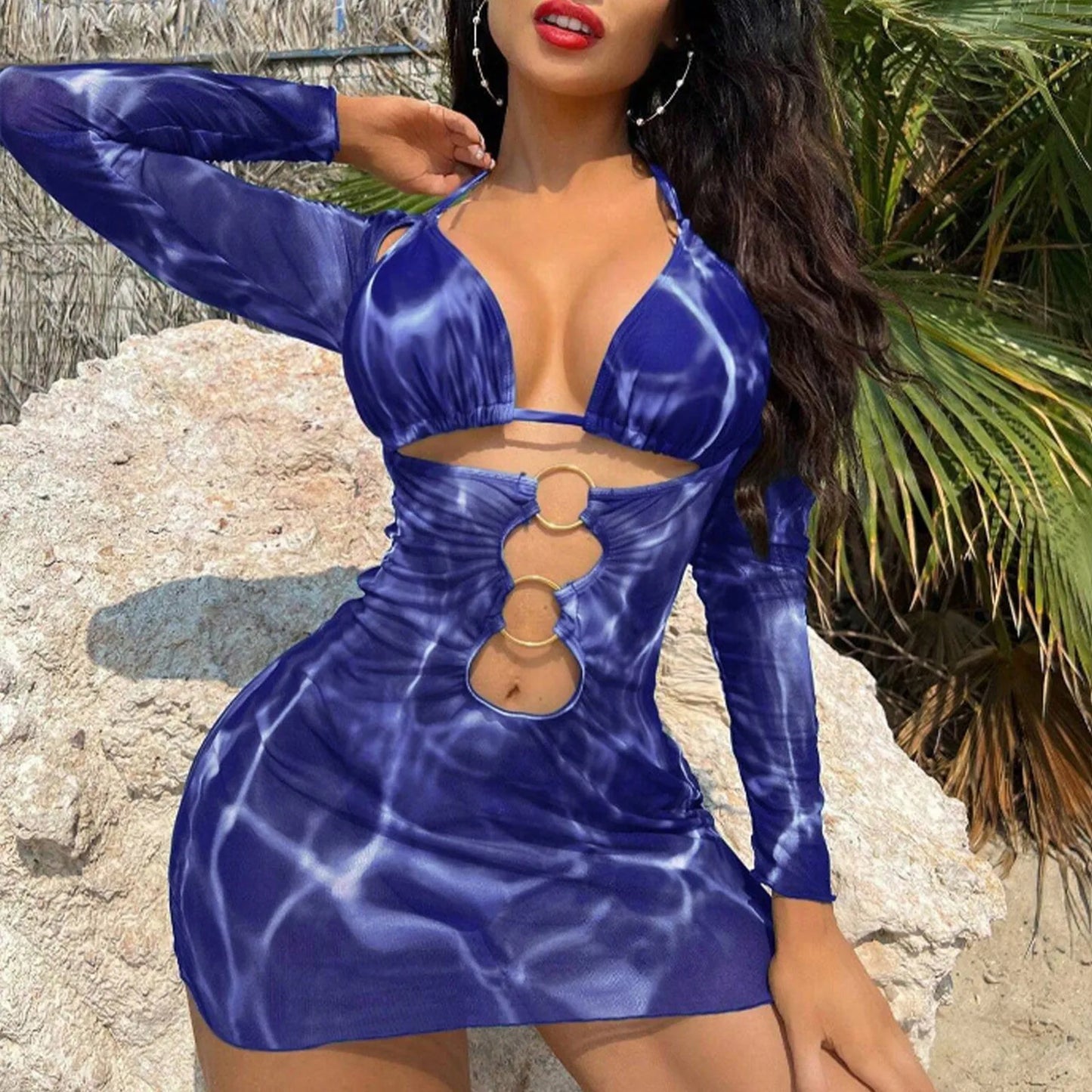 Sexy Print Hollow Out Women's 3 Pcs Cover Dress & Bikini Set