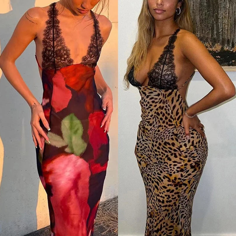 Sexy Women's Fashion Backless Long Mixed Print Summer Dress