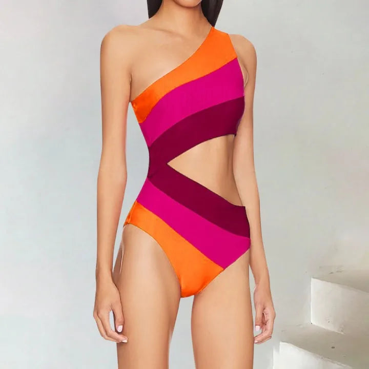 Sexy Cutout Color Block One Shoulder Monokini Swimsuit