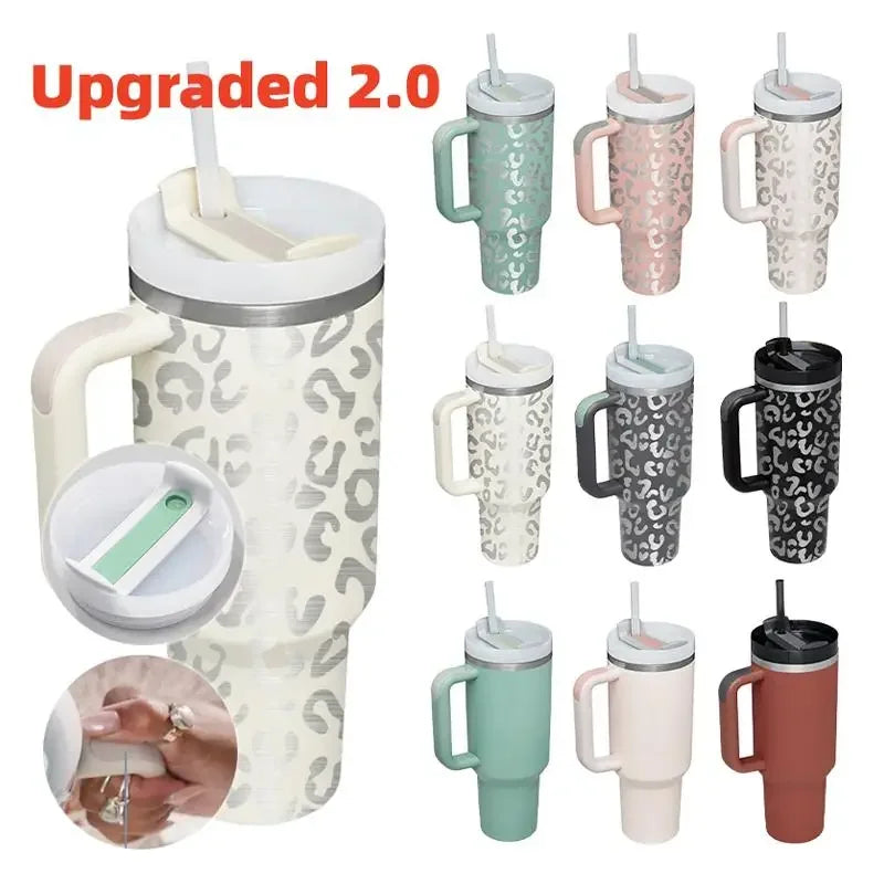 Cute Metallic Animal Print 40oz Insulated Thermal Travel Tumbler with Straw and Handle