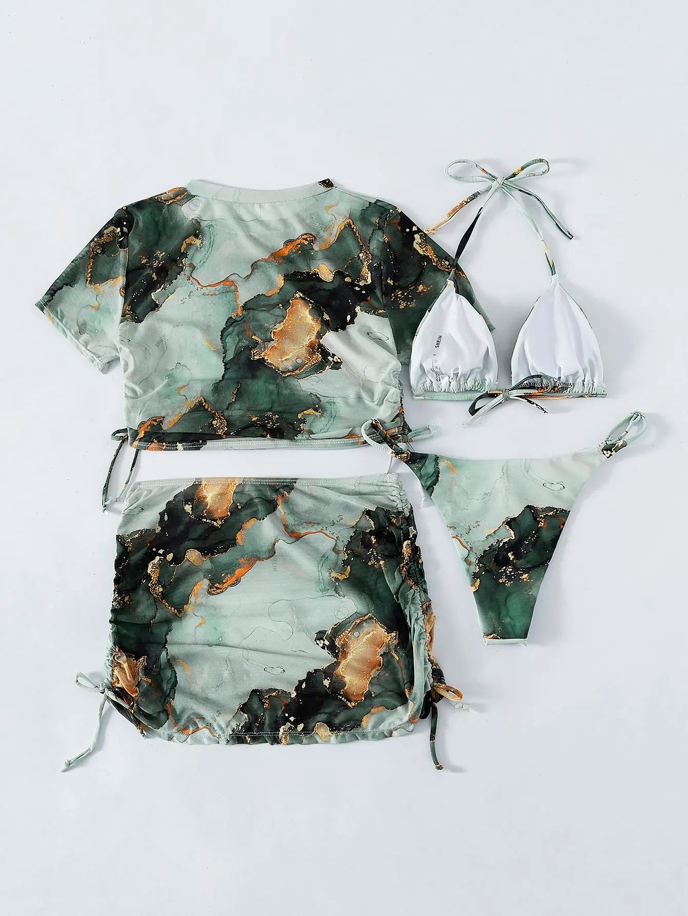 Sexy Green Marble Print 4 Pcs Halter Bikini, Coverup Crop Top & Skirt Set