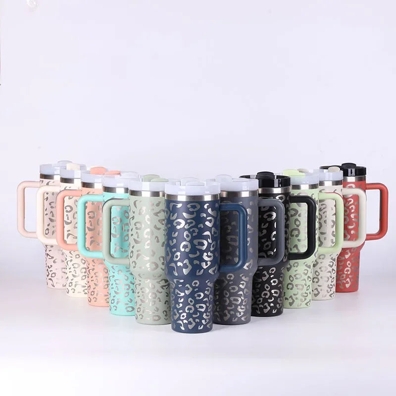 Cute Metallic Animal Print 40oz Insulated Thermal Travel Tumbler with Straw and Handle