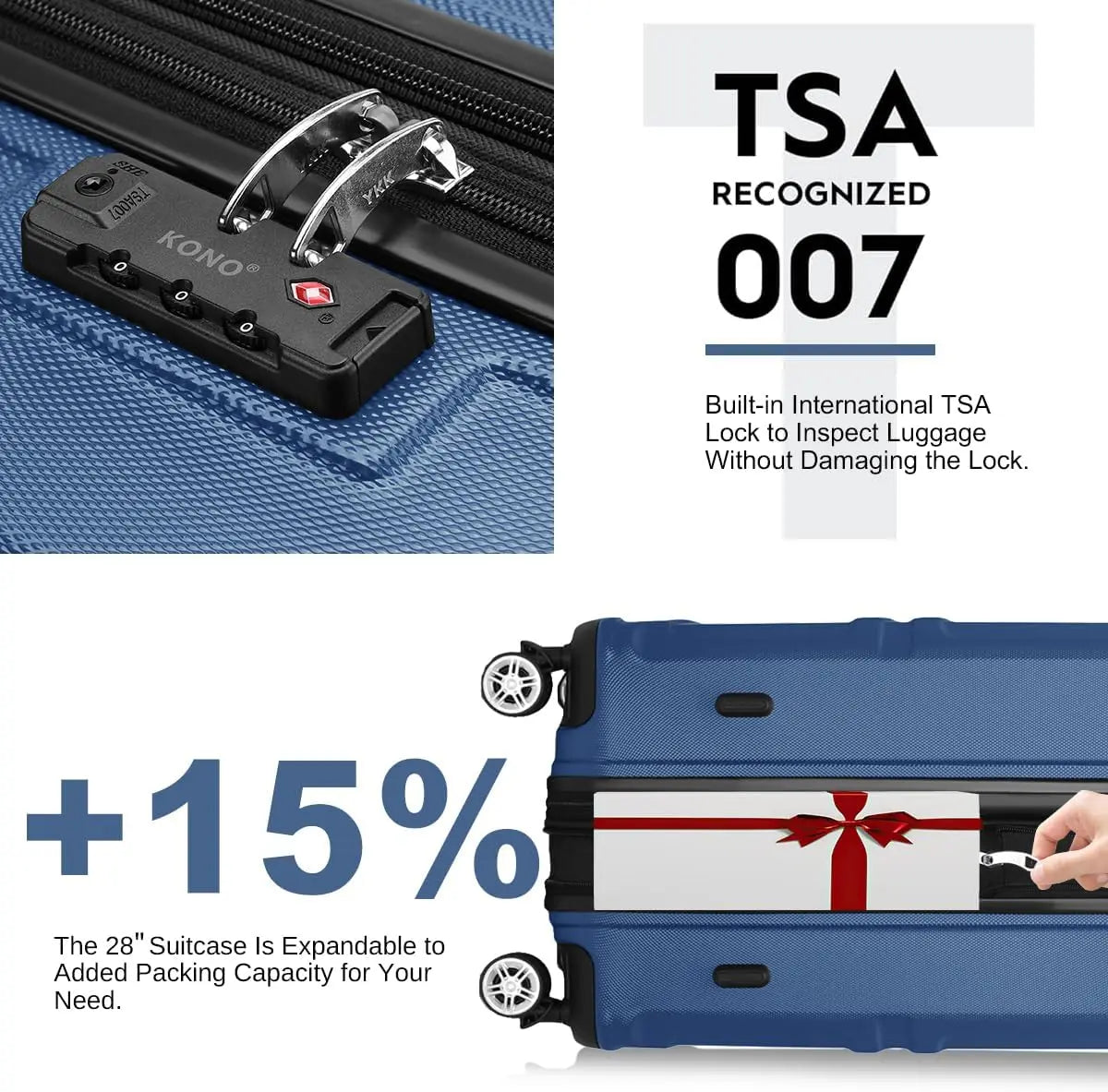 Modern Design 3 Piece Hard Shell Luggage Set - Expandable and Lightweight with Spinner Wheels TSA Lock