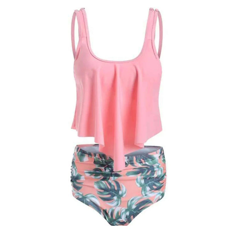Beautiful Ruffle Hem Top & High Waist Mixed Print Tankini Swimsuit